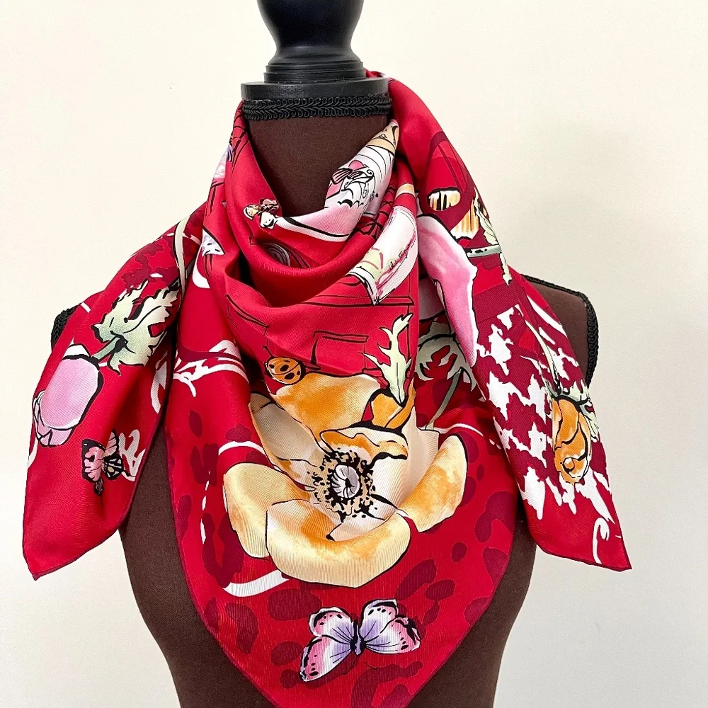 New Salvatore Ferragamo Scarf Icons Red Multicolor Silk Wrap